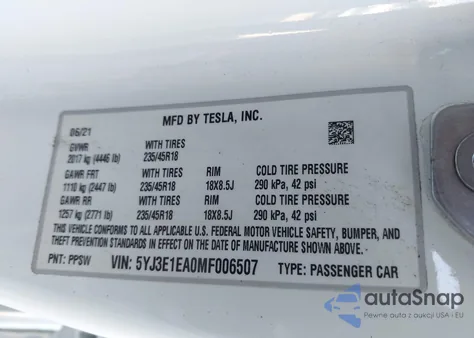 2021 Tesla Model 3 Standard Range Plus Rear-Wheel Drive из США, поврежденный, VIN 5YJ3E1EA0MF006507
